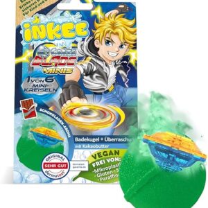 INKEE Surprise Blade Kampfkreisel - Badebombe Kinder mit Überraschung - 1 von 6 BLADE mini Kreisel - Badekugel 100g mit Schokolade-Duft und Kakaobutter, Grün oder Rot