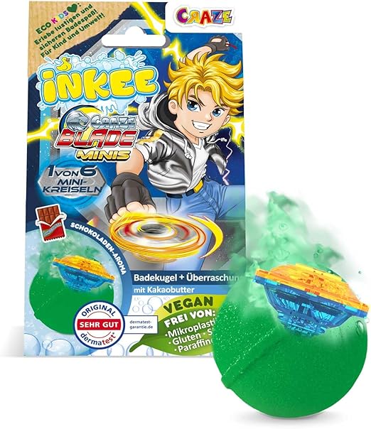 INKEE Surprise Blade Kampfkreisel - Badebombe Kinder mit Überraschung - 1 von 6 BLADE mini Kreisel - Badekugel 100g mit Schokolade-Duft und Kakaobutter, Grün oder Rot